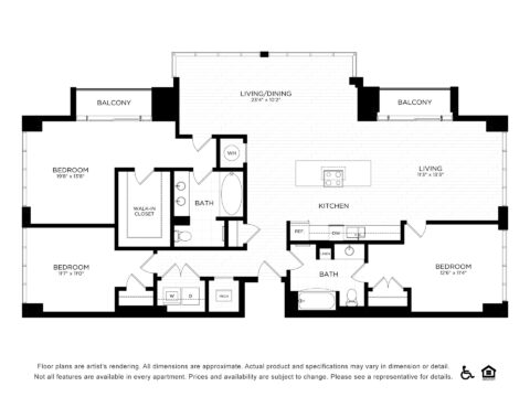 Black-and-white floor plan of a three-bedroom, three-bathroom apartment with two balconies, a central living/dining area, kitchen with island, and walk-in closet in the primary bedroom. Accessible and pet-friendly symbols included.