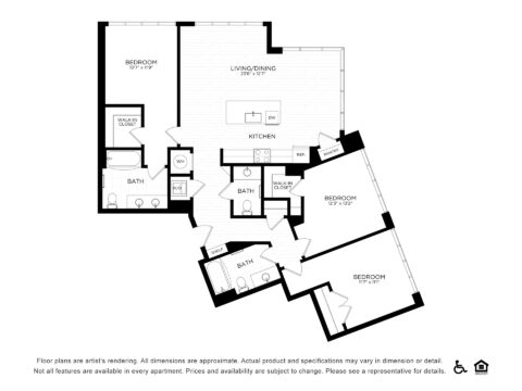 Black and white floor plan of a four-bedroom, three-bathroom apartment with labeled rooms, closet spaces, and a central open kitchen and living/dining area. Doorways, windows, and symbols for accessibility are visible.