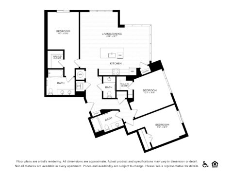 Floor plan of a four-bedroom, three-bath apartment with a central living/dining area, open kitchen, walk-in closet in the main bedroom, and accessible icons in the bottom right corner.