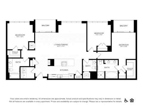 Black and white floor plan of a two-bedroom apartment featuring two balconies, two bathrooms, a kitchen, a living/dining area, walk-in closets, a pantry, laundry, and marked accessible features.