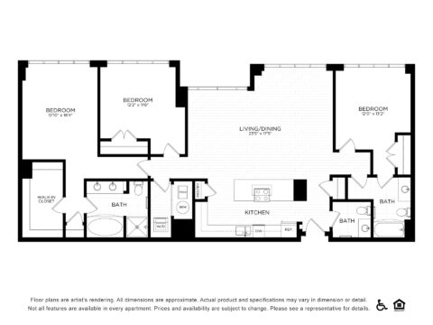 Black and white floor plan of a three-bedroom, three-bath apartment with kitchen, living/dining area, walk-in closet, laundry space, and accessible features indicated at the bottom right.