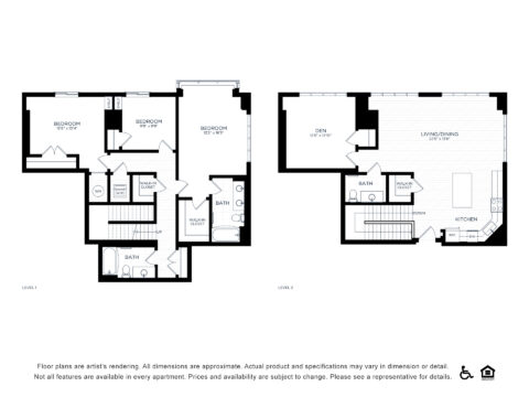 Two-level apartment floor plan with three bedrooms and two bathrooms on level one, and a den, kitchen, living/dining area, and one bathroom on level two. Accessible and housing symbols shown below the plan.