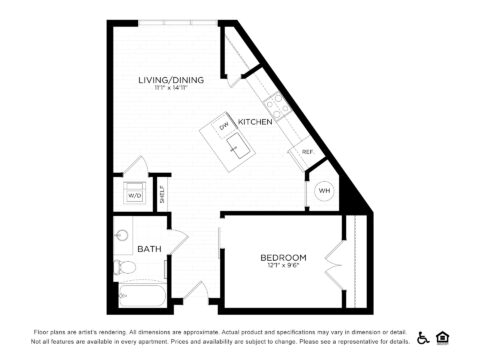 Black and white floor plan of a one-bedroom apartment with a living/dining area, kitchen, bedroom, bathroom with washer/dryer, and storage marked. Dimensions and accessibility symbols are shown at the bottom.