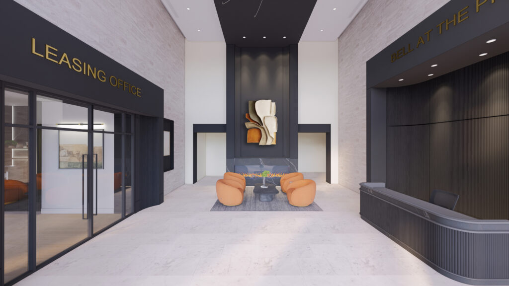 Modern apartment lobby with light floors, black accents, orange lounge chairs around a coffee table, abstract art on the wall, and signs for Leasing Office and Bell at the Pier above separate entrances.