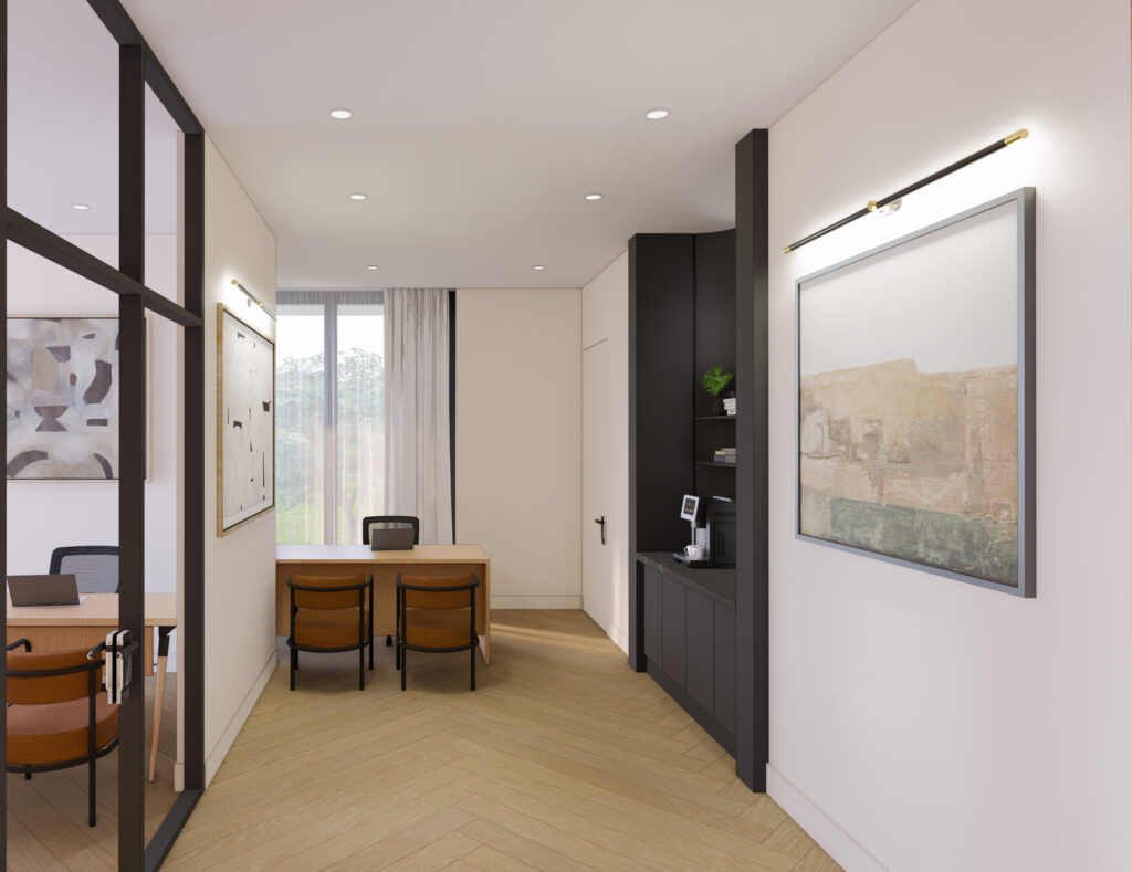 Modern office space with light wood floors, two brown chairs at a desk near a window with sheer curtains, abstract art on white walls, and a black cabinet with a coffee machine and plant.