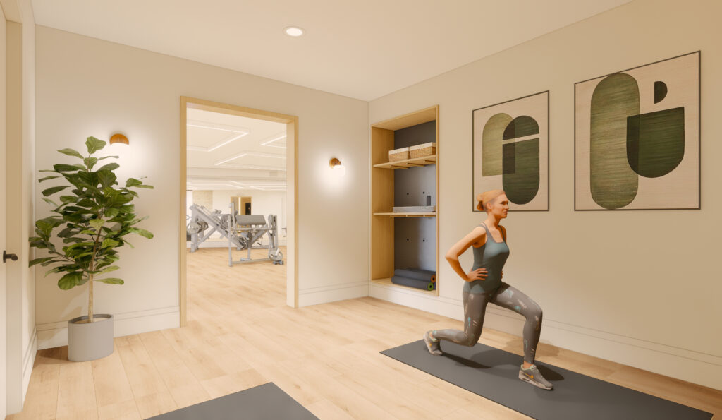 A woman in workout clothes does lunges on a yoga mat in a bright, modern gym room with wooden floors, wall art, a plant, and exercise equipment visible through an open doorway.